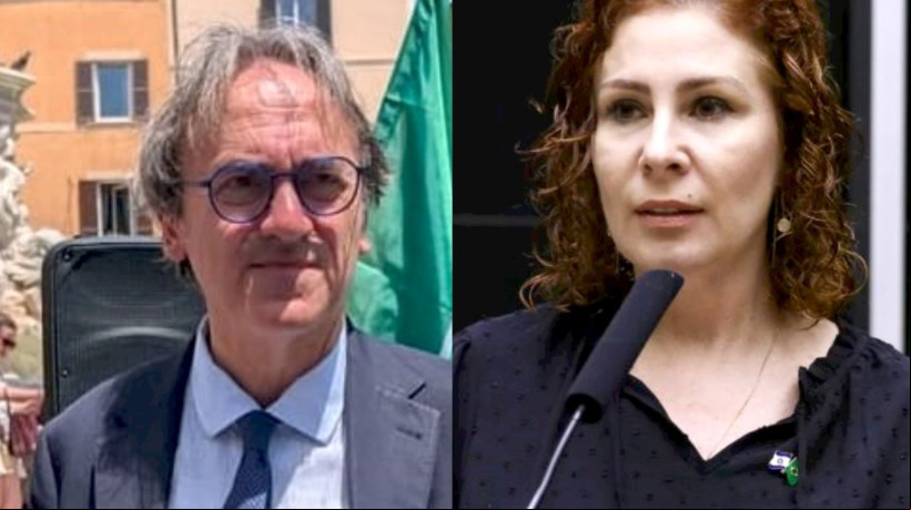 Deputado italiano Angelo Bonelli/ deputada Carla Zambelli (PL), na tribuna da Câmara dos Deputados em Brasília